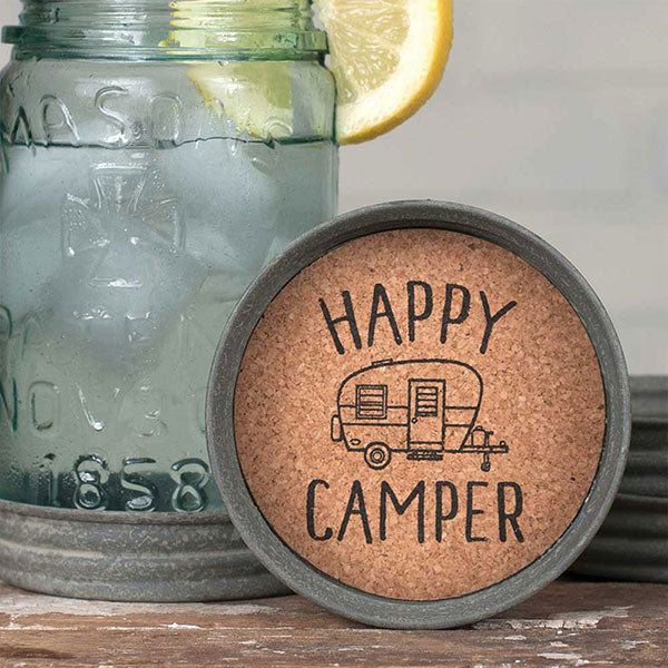 Mason Jar Lid Coaster - Happy Camper - 4 pack