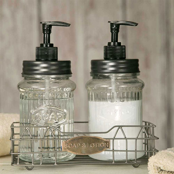 Hooiser Lotion and Soap Caddy with Glass Dispensers